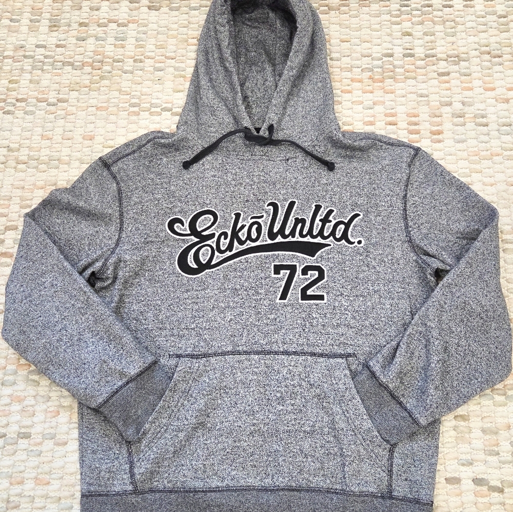 ECKŌ UNLTD Grey Hoodie Y2K Script Logo Graphic Streetwear Size Large 2000s